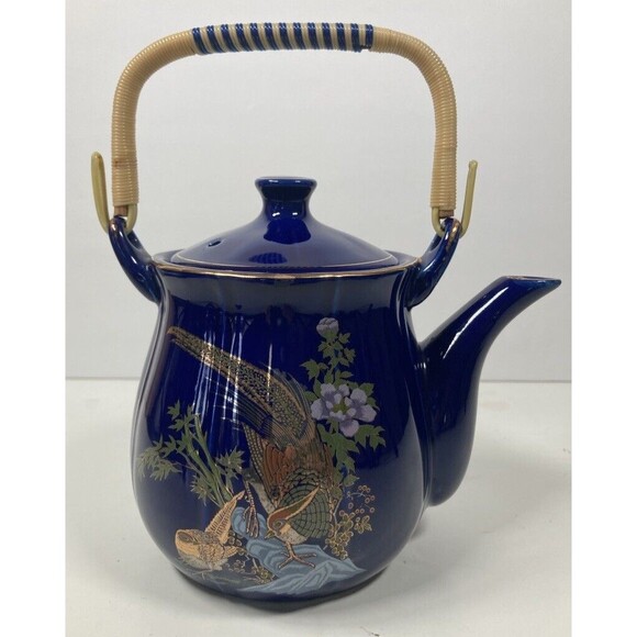 Blue Ceramic Gold Peacock Japanese Teapot - Vintage - EUC - Picture 2 of 5